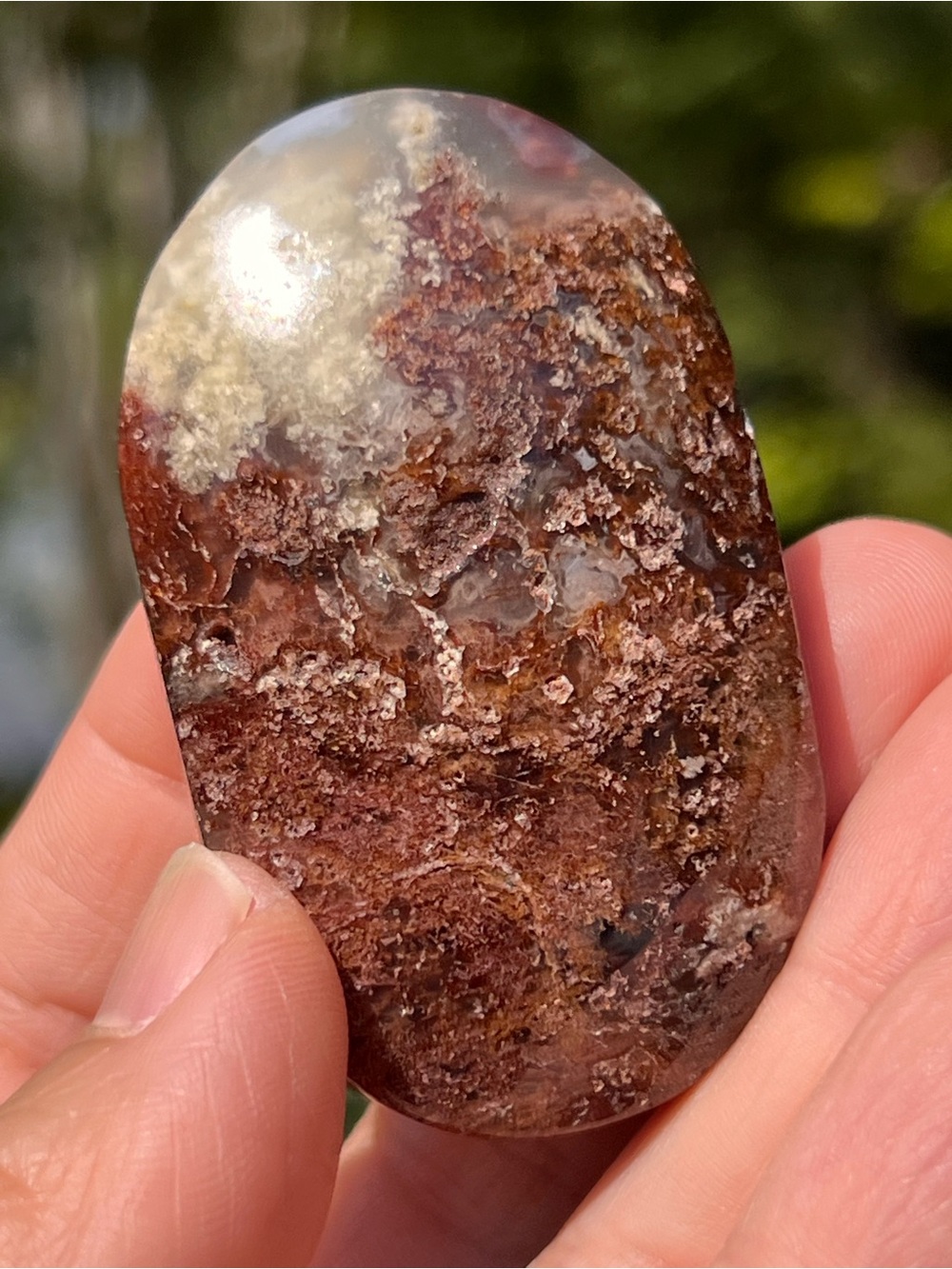 Red (5) moss agate Palmstone | Crystal